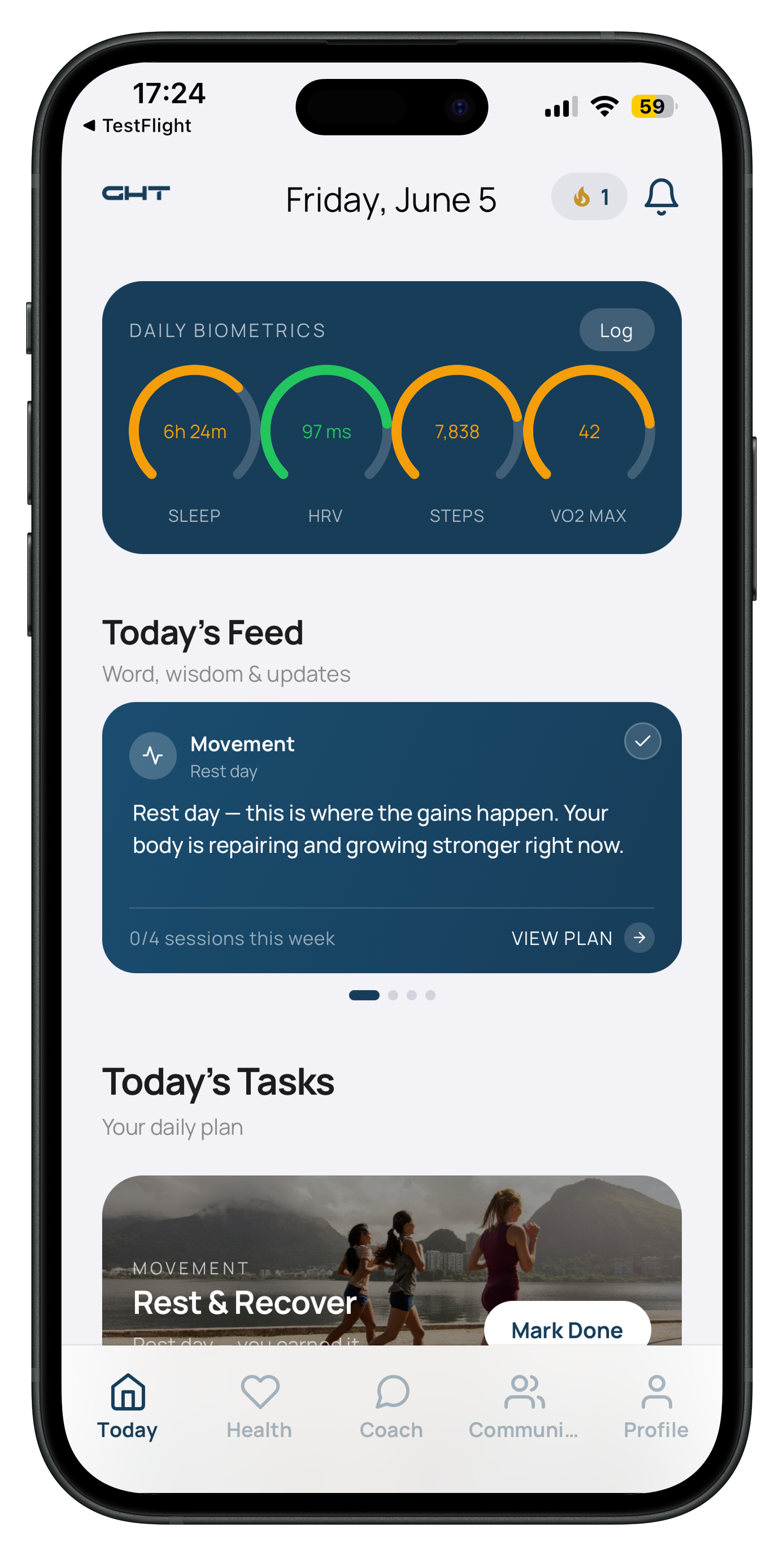 Revive app — daily biometrics, feed, and tasks